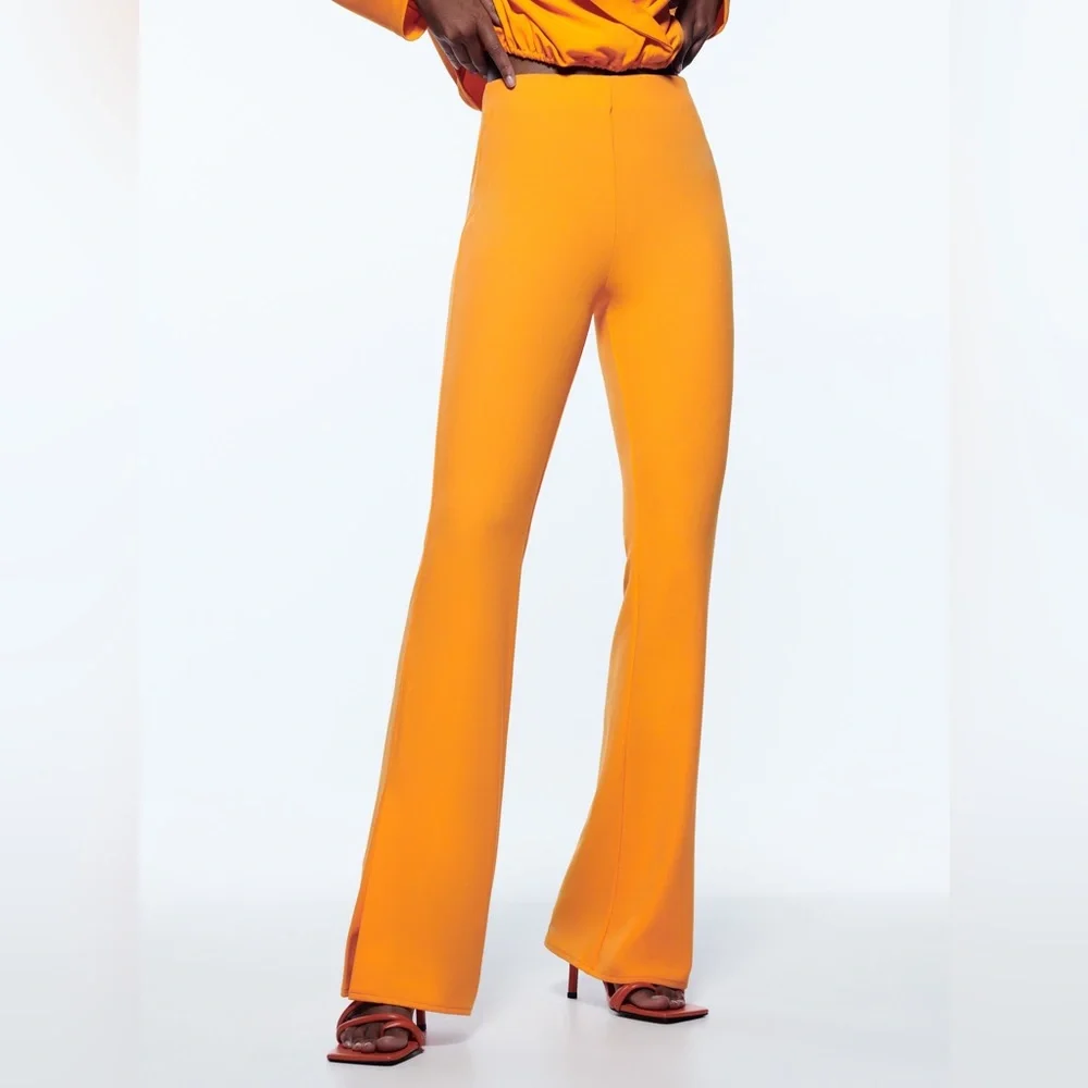 ZARA Orange Stretch Slit Flare Pant Trousers with Side Vents $49.90